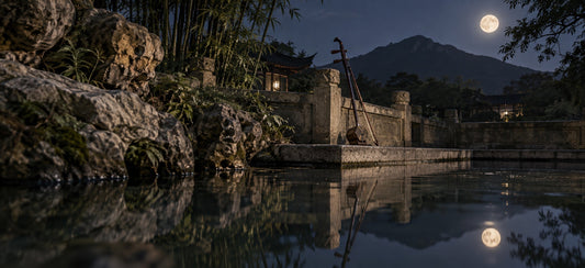 An old erhu resting by a moonlit spring at the foot of Mount Hui in Wuxi