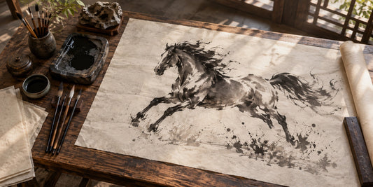 An original ink-wash painting of a galloping horse on a studio table with brushes and an inkstone