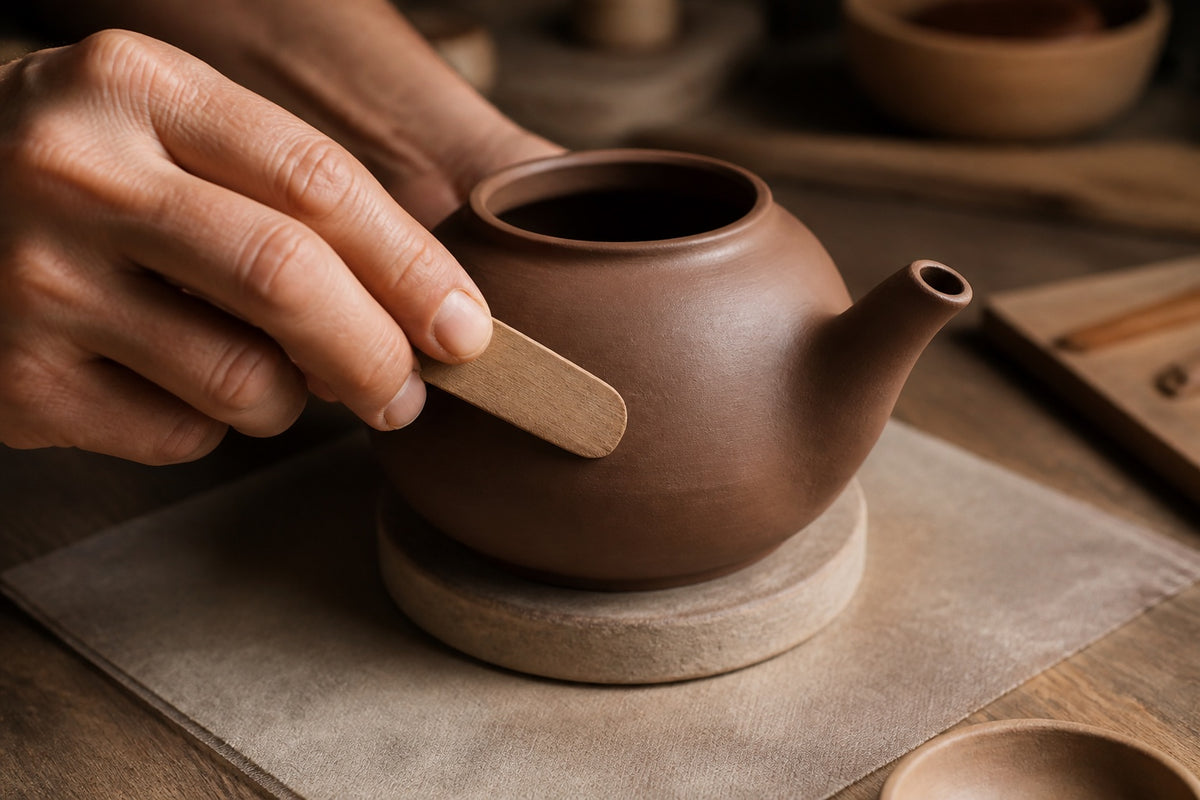 Artisan hand smoothing an unfinished clay teapot with a wooden tool.