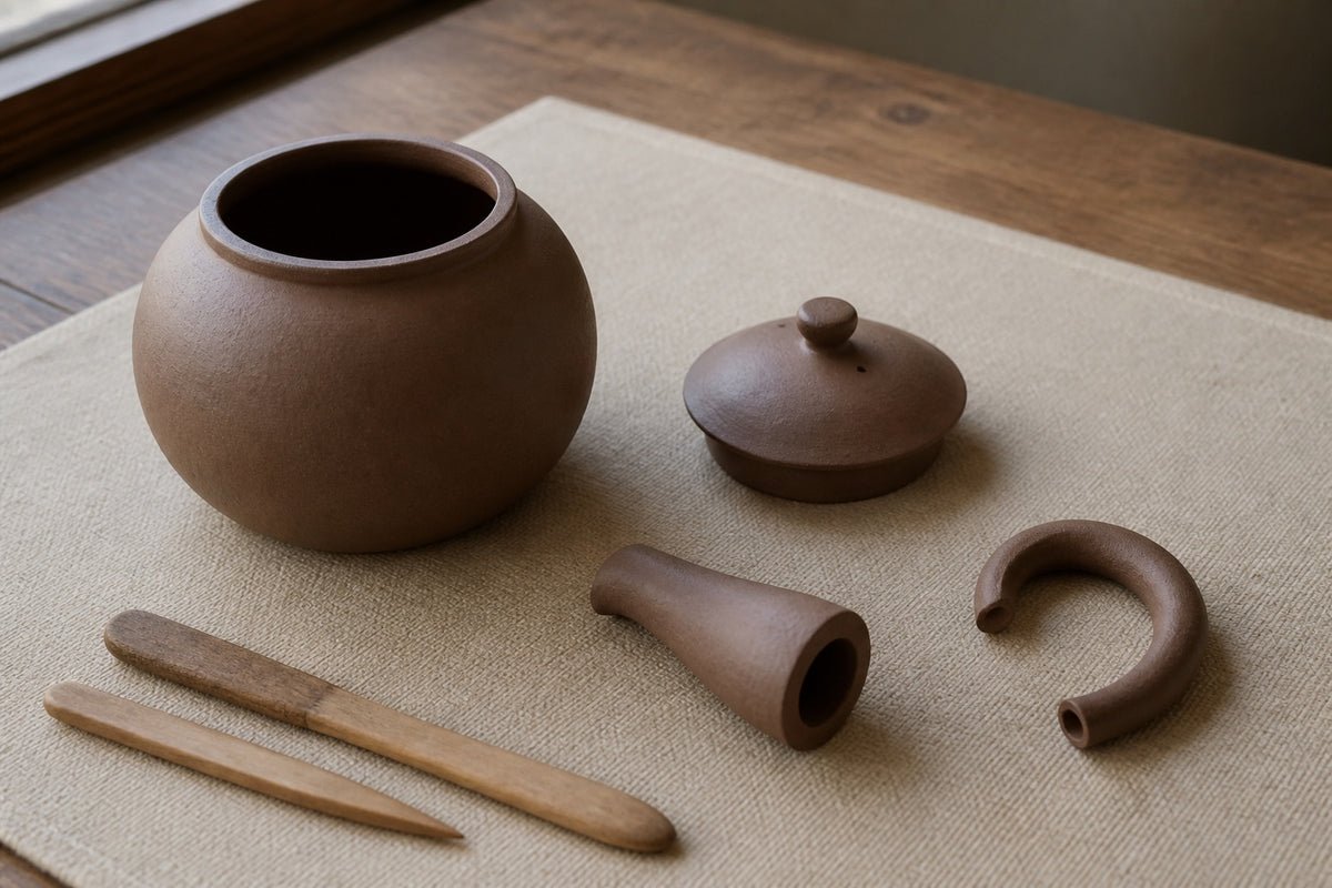 Unfinished clay teapot body with separate lid, spout and handle components.