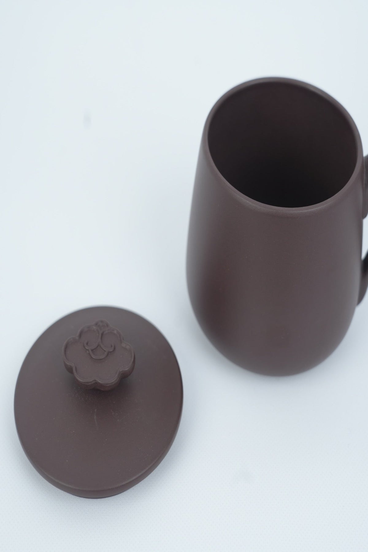 Good Fortune Zisha Cup with the lid removed, showing the interior and cloud-shaped lid knob