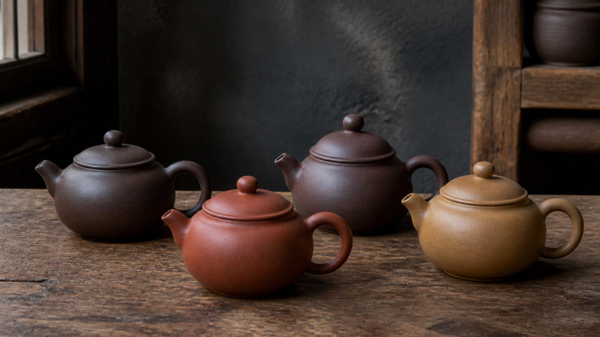 Four unglazed Yixing zisha teapots showing brown, red, purple-brown, and muted yellow-brown fired clay tones.