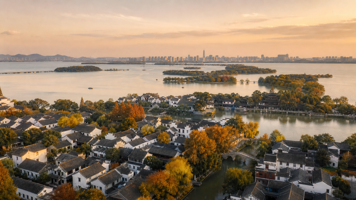 Wuxi overview in autumn with lake, Jiangnan architecture and golden foliage
