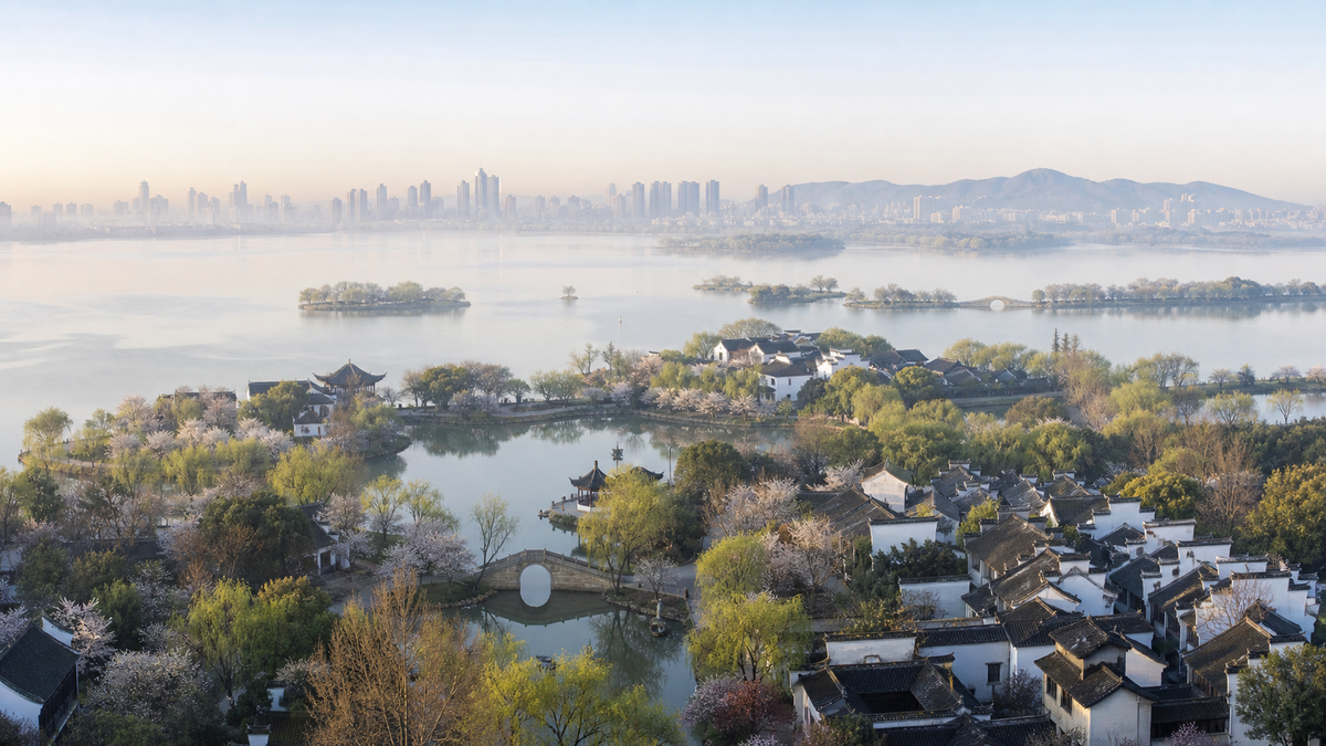 Wuxi overview in spring with lake, Jiangnan architecture and blossoms