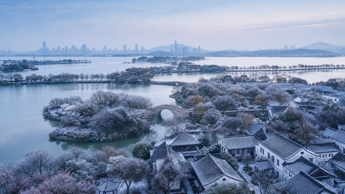 Wuxi overview in winter with lake, frost, Jiangnan architecture and plum blossom
