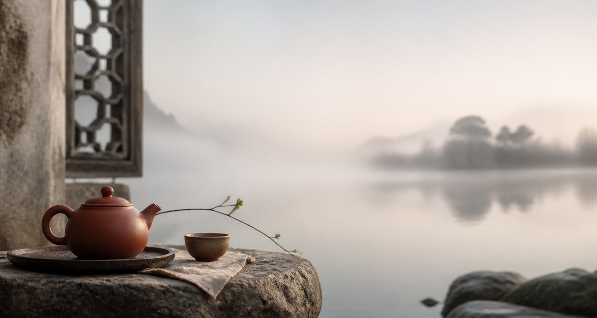 Yixing-style clay teapot beside a misty Wuxi waterside garden at dawn
