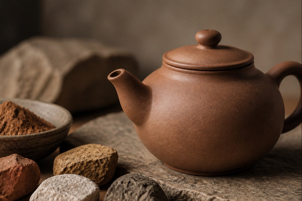 Close-up of an unglazed brown clay teapot beside natural clay and mineral samples.